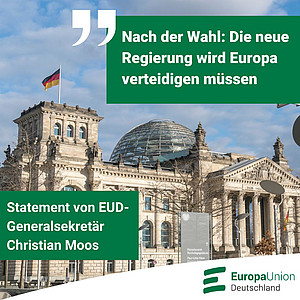 Abbildung des Reichstagsgebäude des Deutschen Bundestags mit Kuppel und einem Eckturm mit einer Deutschlandfahne. Schriftzug: "Nach der Wahl: Regierung wird Europa verteidigen müssen - Statement von EUD-Generalsekretär Christian Moos"
